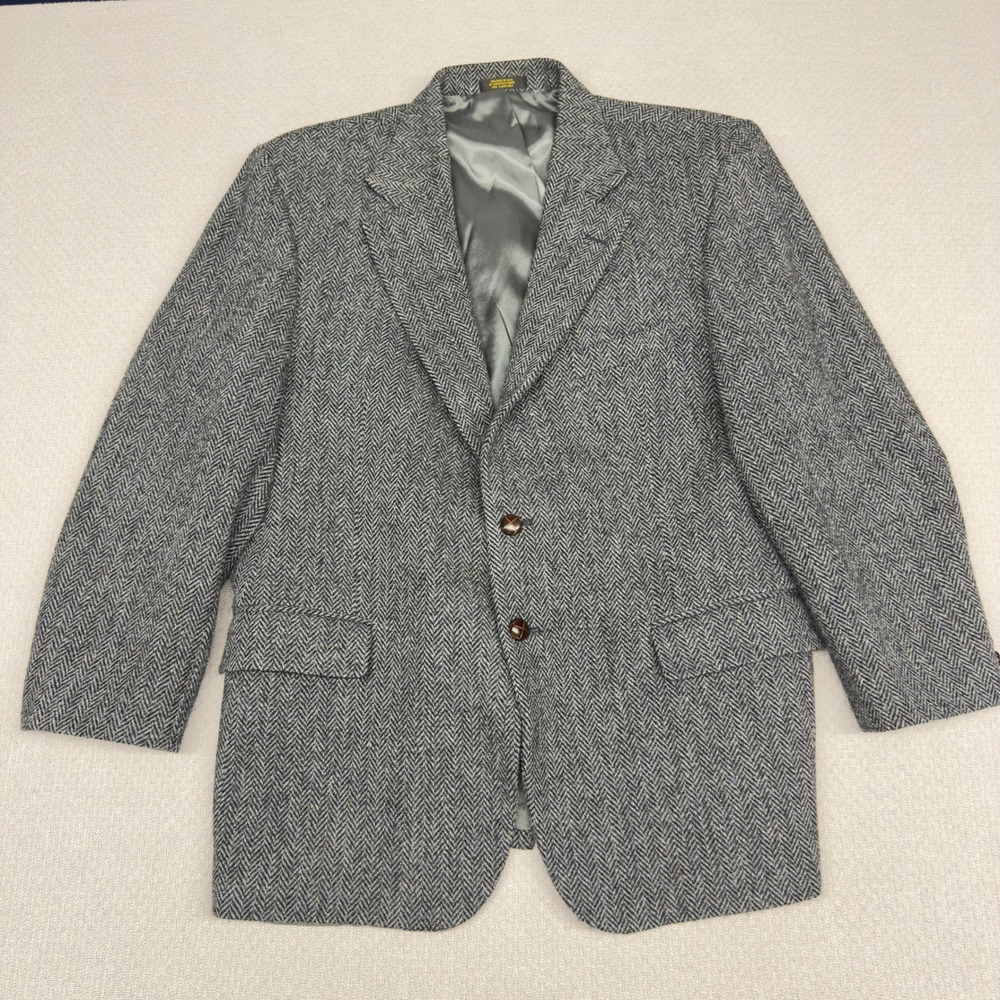 Harris Tweed Jacket Mens 46R Wool Blazer Grey Herringbone Sport Coat Miller Bros